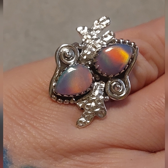 Aurora Opal Double Stone Sterling Silver Statement Ring - Picture 6 of 9